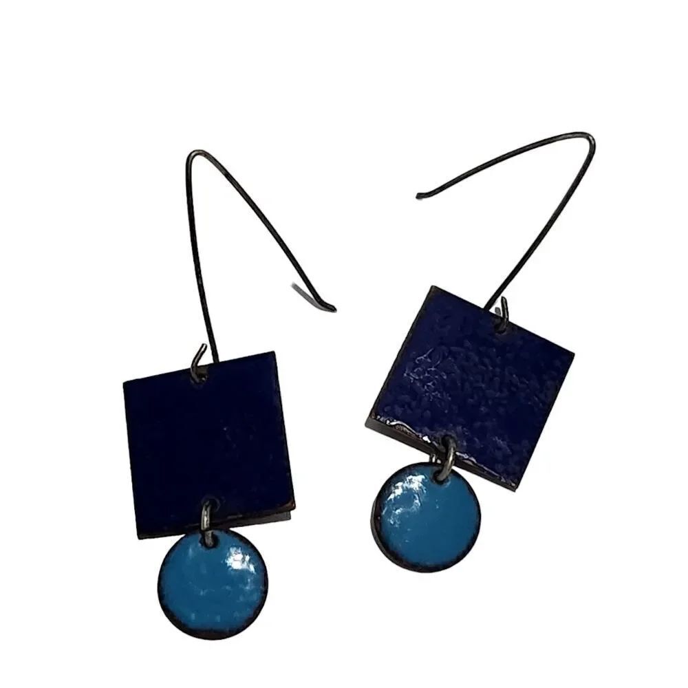 Pair of Earrings Copper Squares Drop Circle Glazed Blue Front